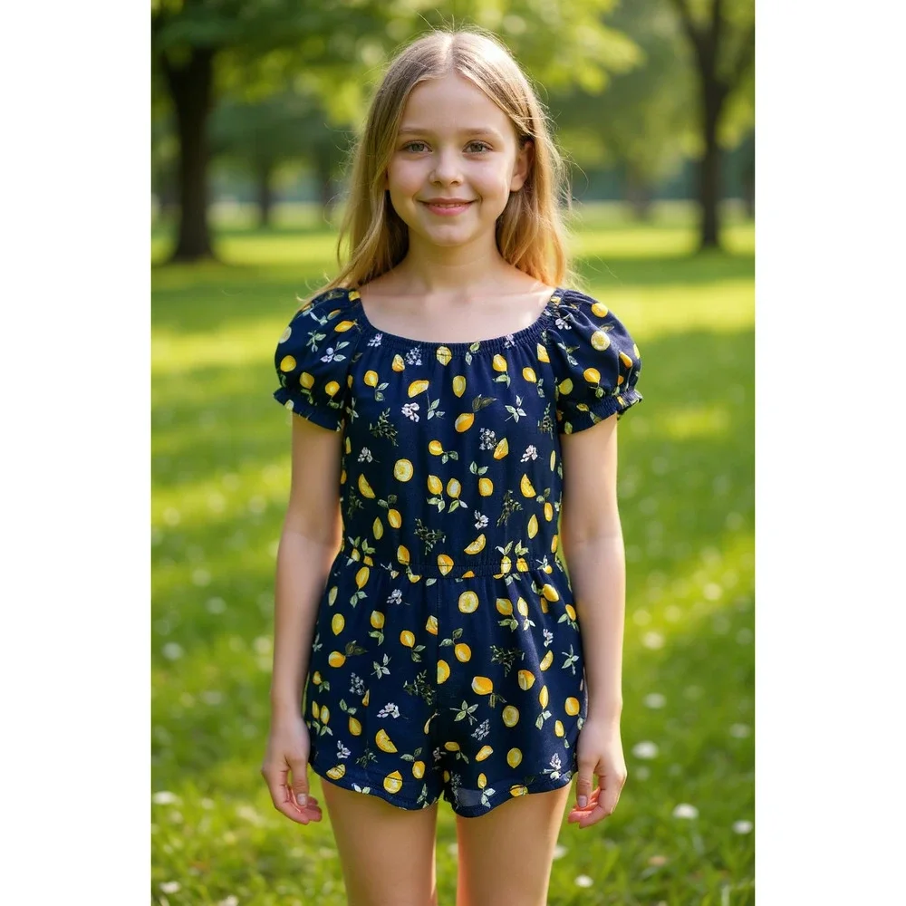 Old Navy Girls 8 Lemon Puff Sleeve Shorts Romper 100% Cotton